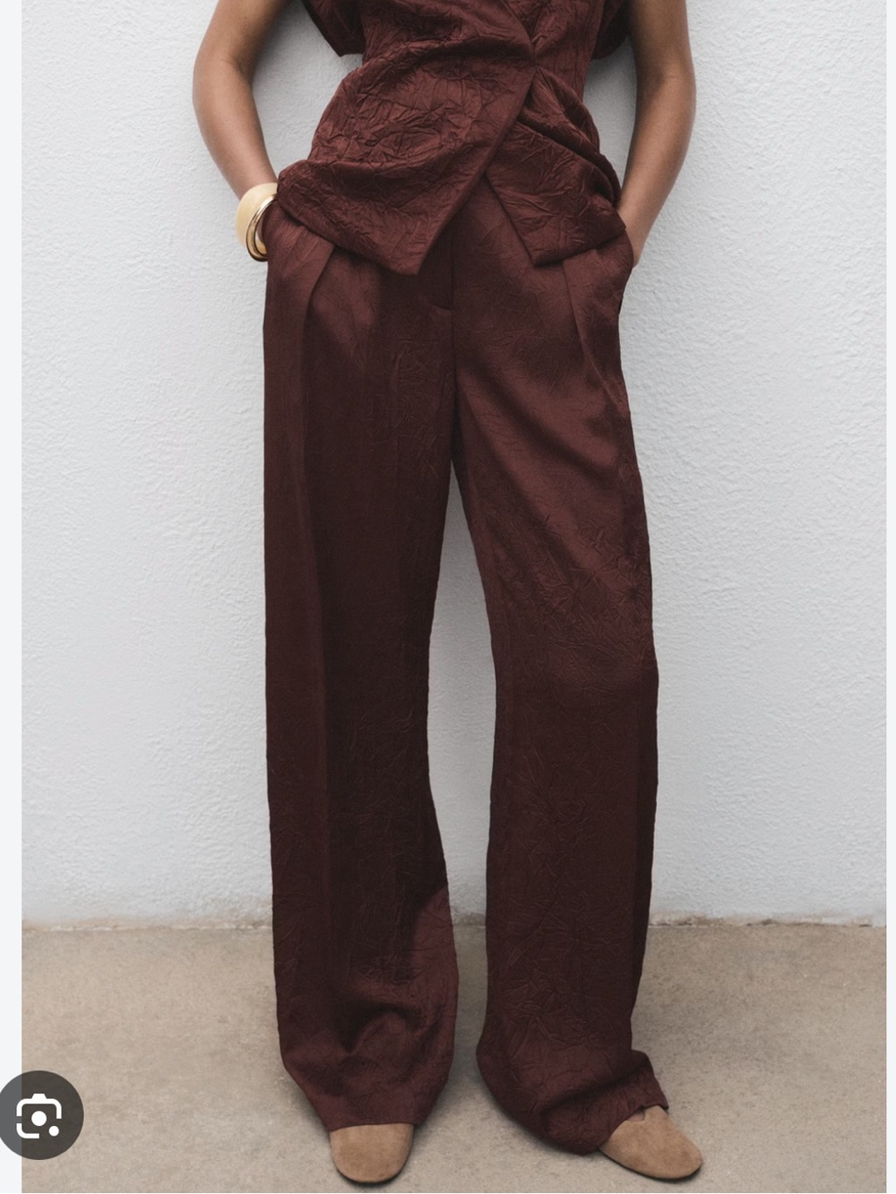 NWOT Mango Satin Effect straight leg crinkle trouser in brown